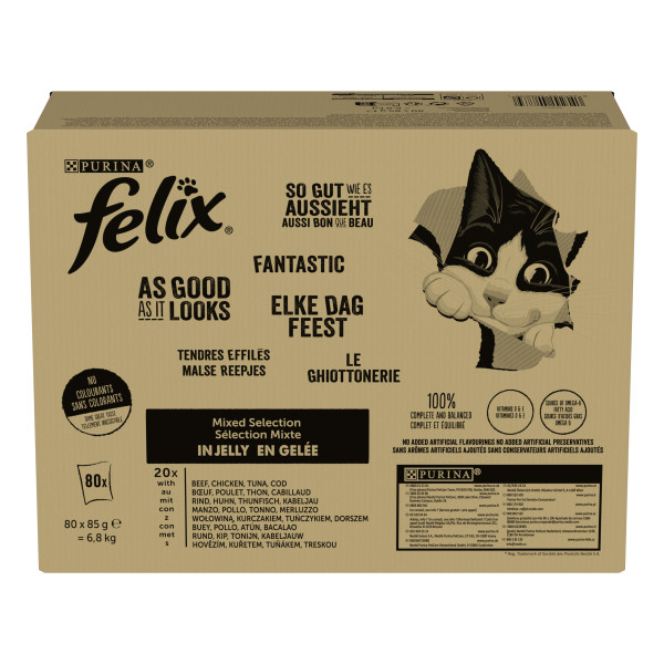 FELIX POUCH ELKE TAG FEEST IN GELEI THUNFISCH/KABELJAU/RIND/HUHN 80X85 G