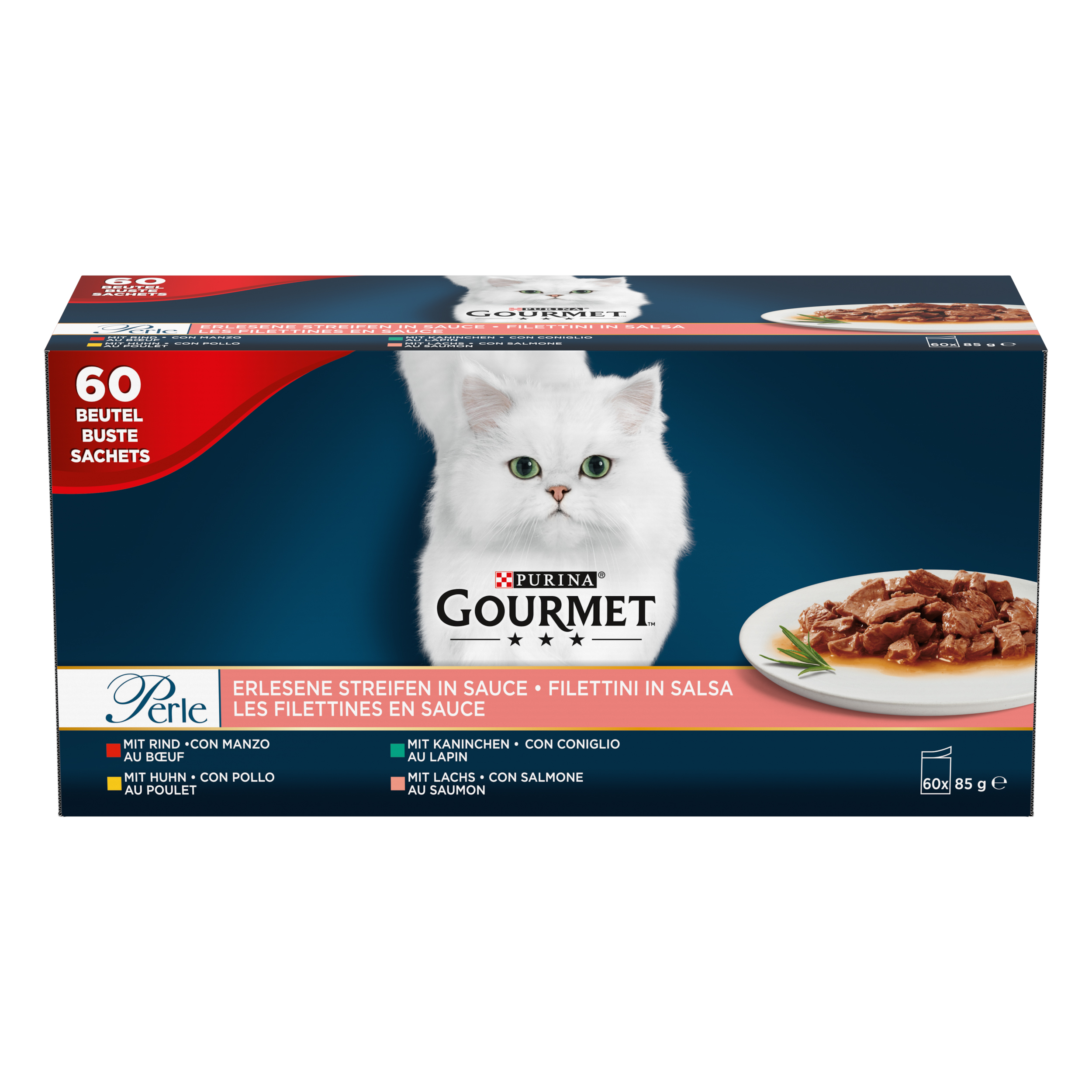GOURMET PERLE MINI FILETS IN SAUS HUHN/KANINCHEN/RIND/LACHS 60X85 G
