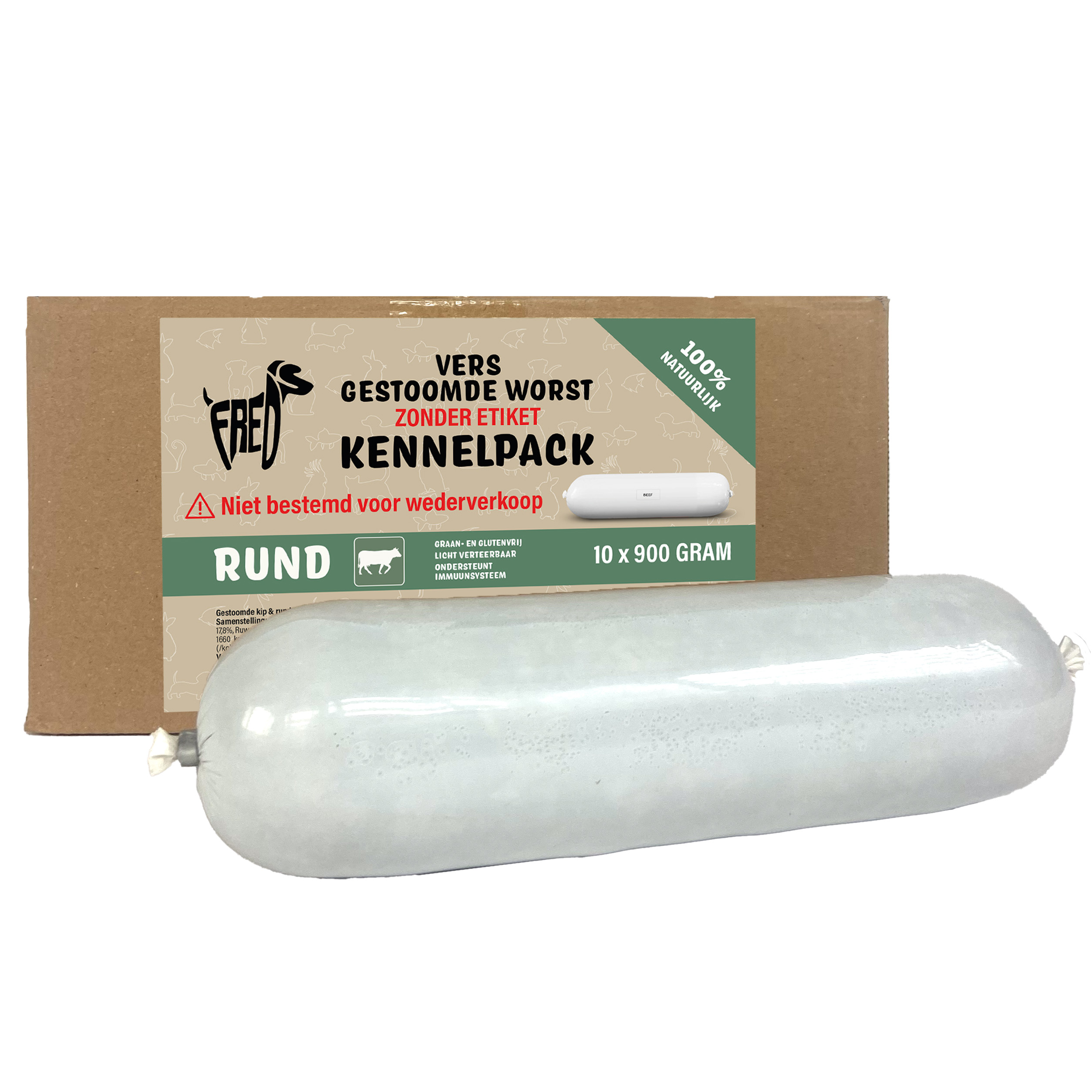 FREDS GESTOOMD FRISCH FLEISCH WORST KENNELPACK RIND WEIZEN UND GLUTENVRIJ 10X900 G