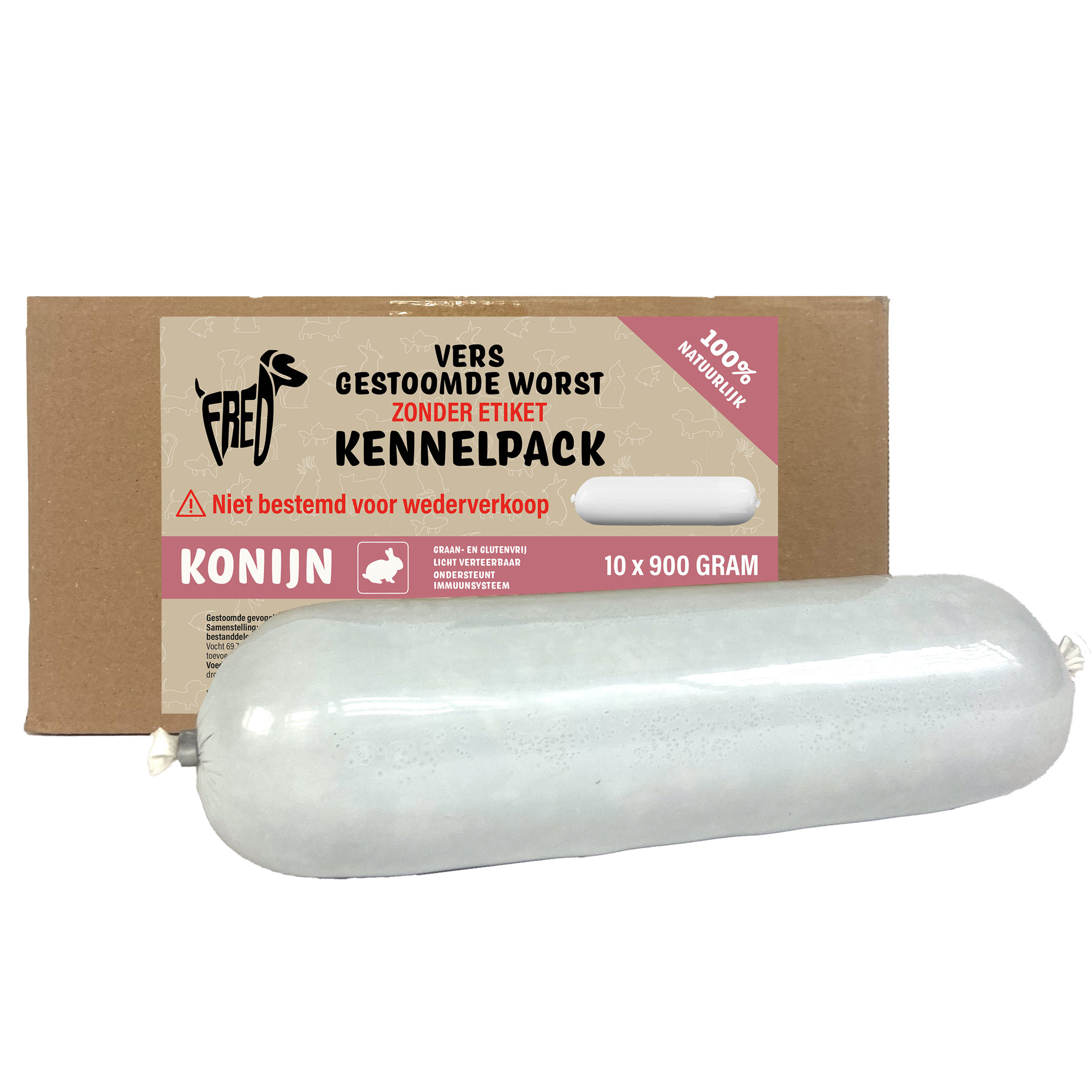 FREDS GESTOOMD FRISCH FLEISCH WORST KENNELPACK KANINCHEN GETREIDE UND GLUTENVRIJ 10X900 G