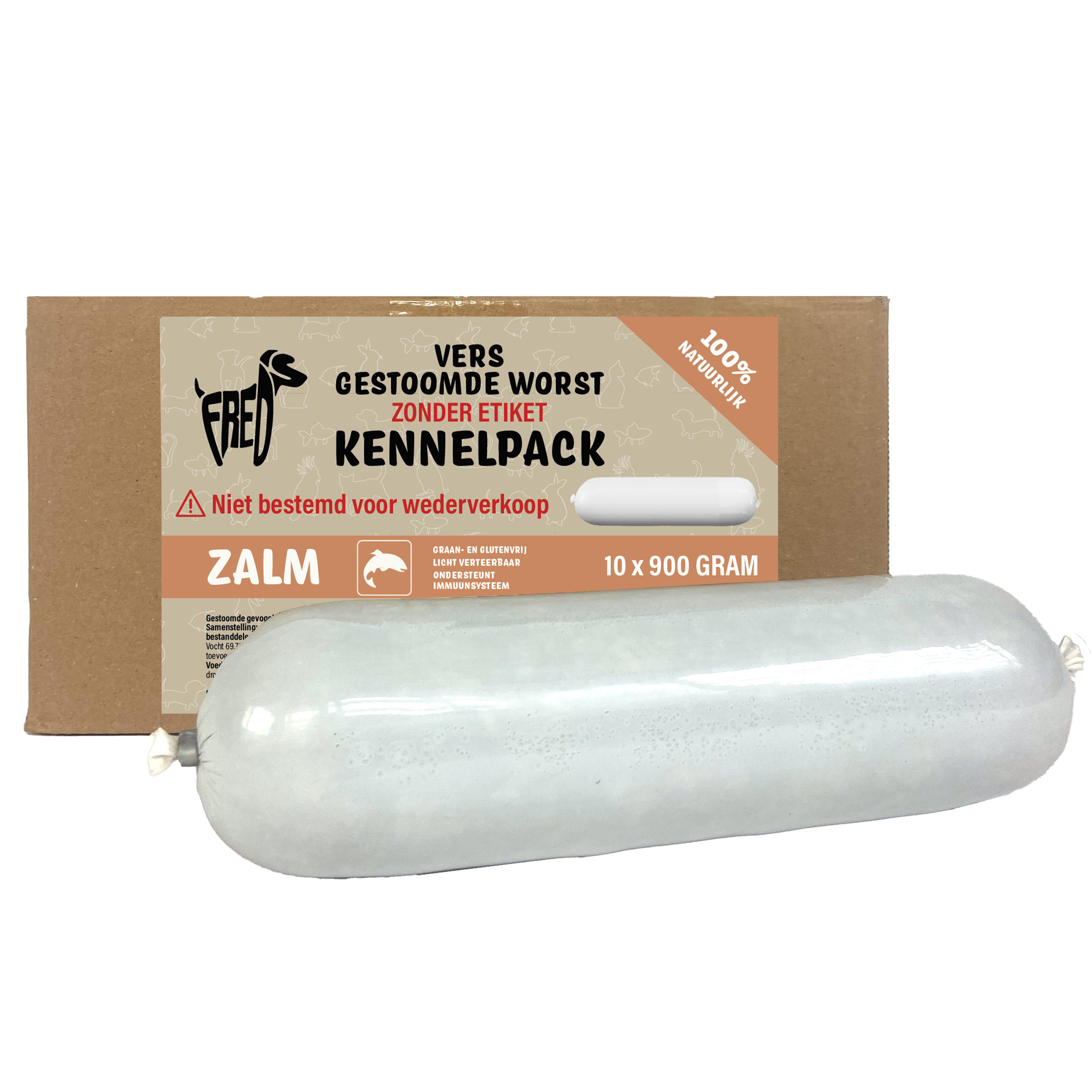 FREDS GESTOOMD FRISCH FLEISCH WORST KENNELPACK LACHS GETREIDE UND GLUTENVRIJ 10X900 G