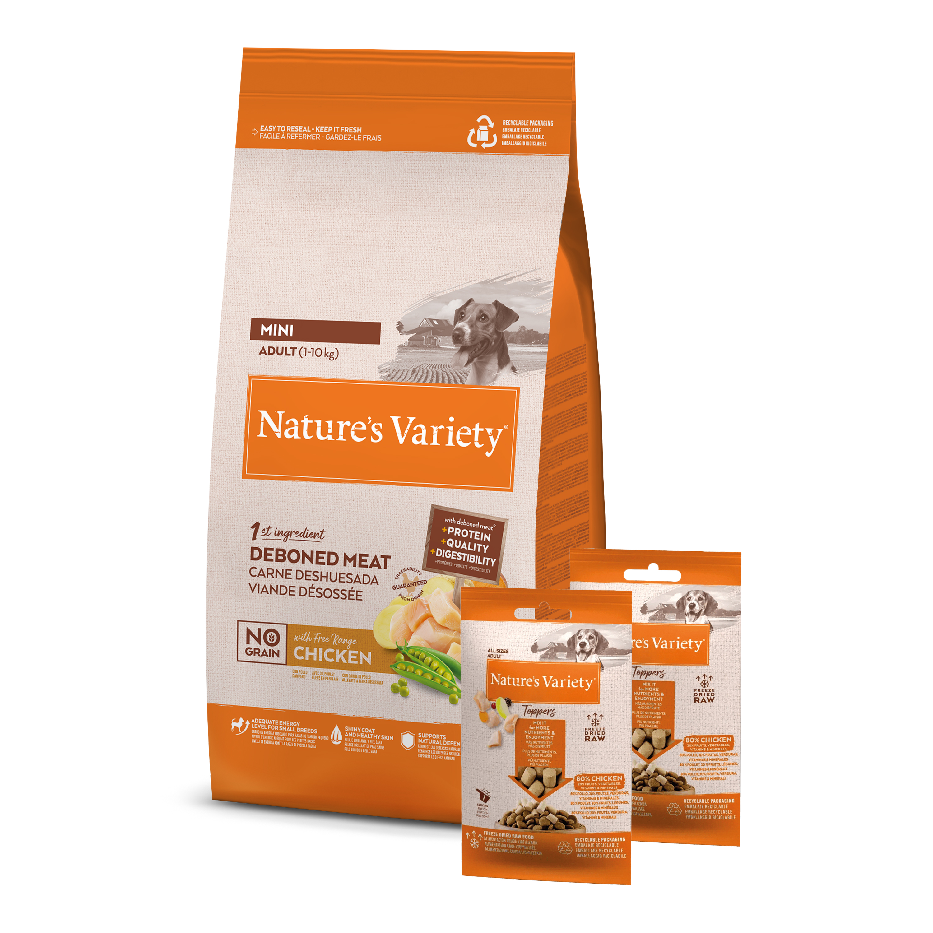 NATURES VARIETY ADULT MINI CHICKEN GRAANVRIJ + 2 FREEZE DRIED TOPPERS 1,5 KG + 2X120 G