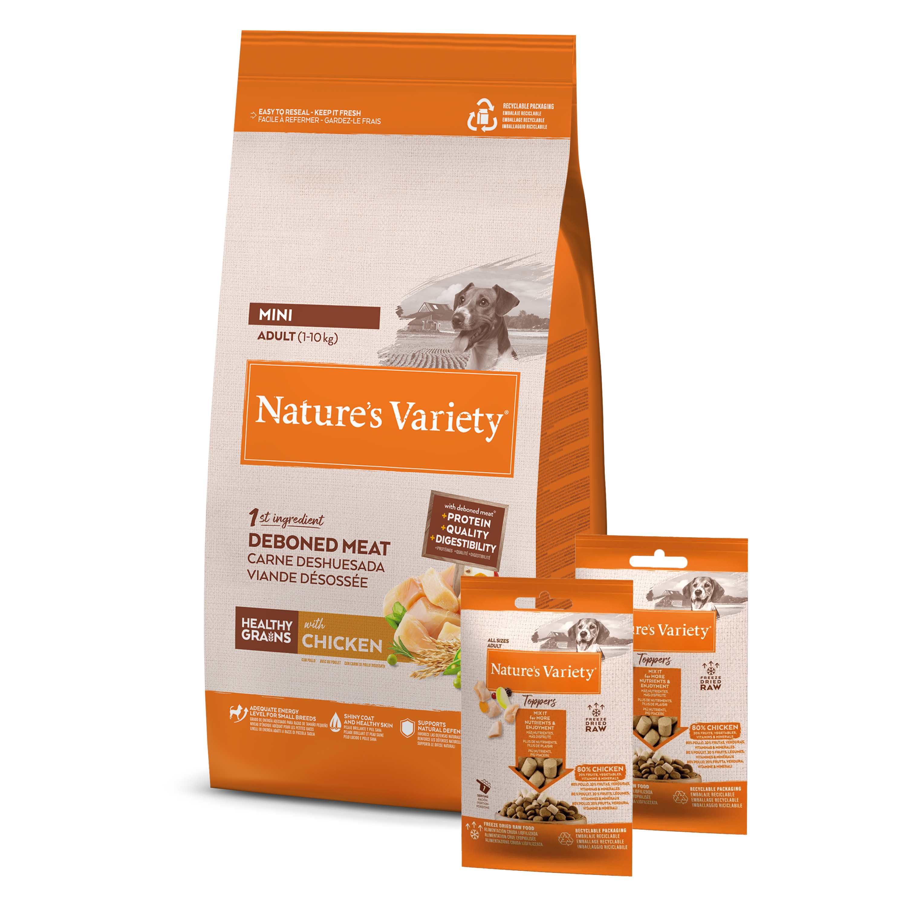 NATURES VARIETY ORIGINAL ADULT MINI CHICKEN MIT 2 FREEZE DRIED TOPPERS 1,5 KG + 2X120 G