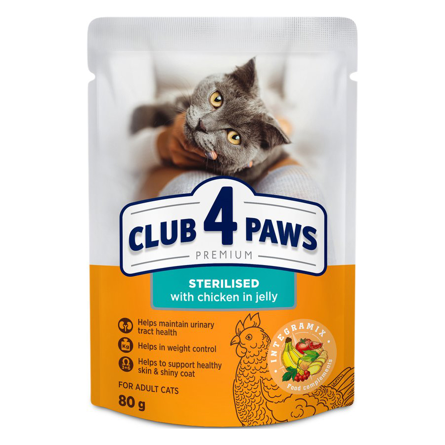 CLUB 4 PAWS PREMIUM ADULT STERILISED POUCH HUHN IN GELEI 24X80 G