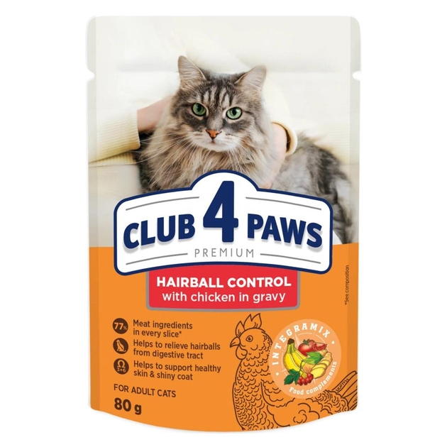 CLUB 4 PAWS PREMIUM ADULT HAIRBALL KONTROLLE POUCH HUHN IN SAUS 24X80 G
