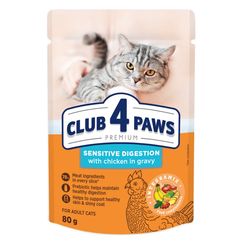 CLUB 4 PAWS PREMIUM ADULT SENSITIV DIGESTION POUCH HUHN IN SAUS 24X80 G