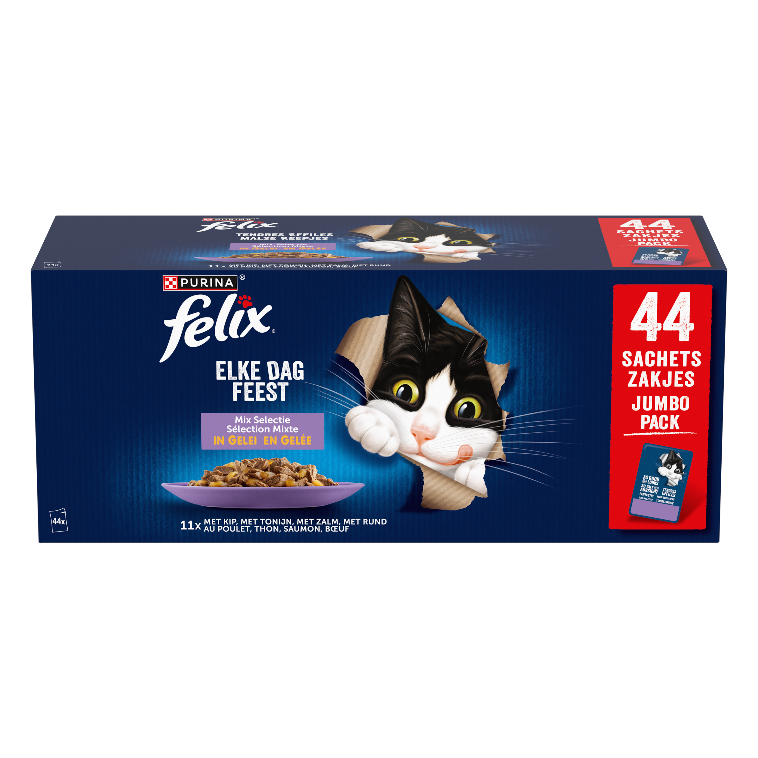 FELIX POUCH ELKE TAG FEEST IN GELEI MIX BOX THUNFISCH/LACHS/RIND/HUHN 44X85 G