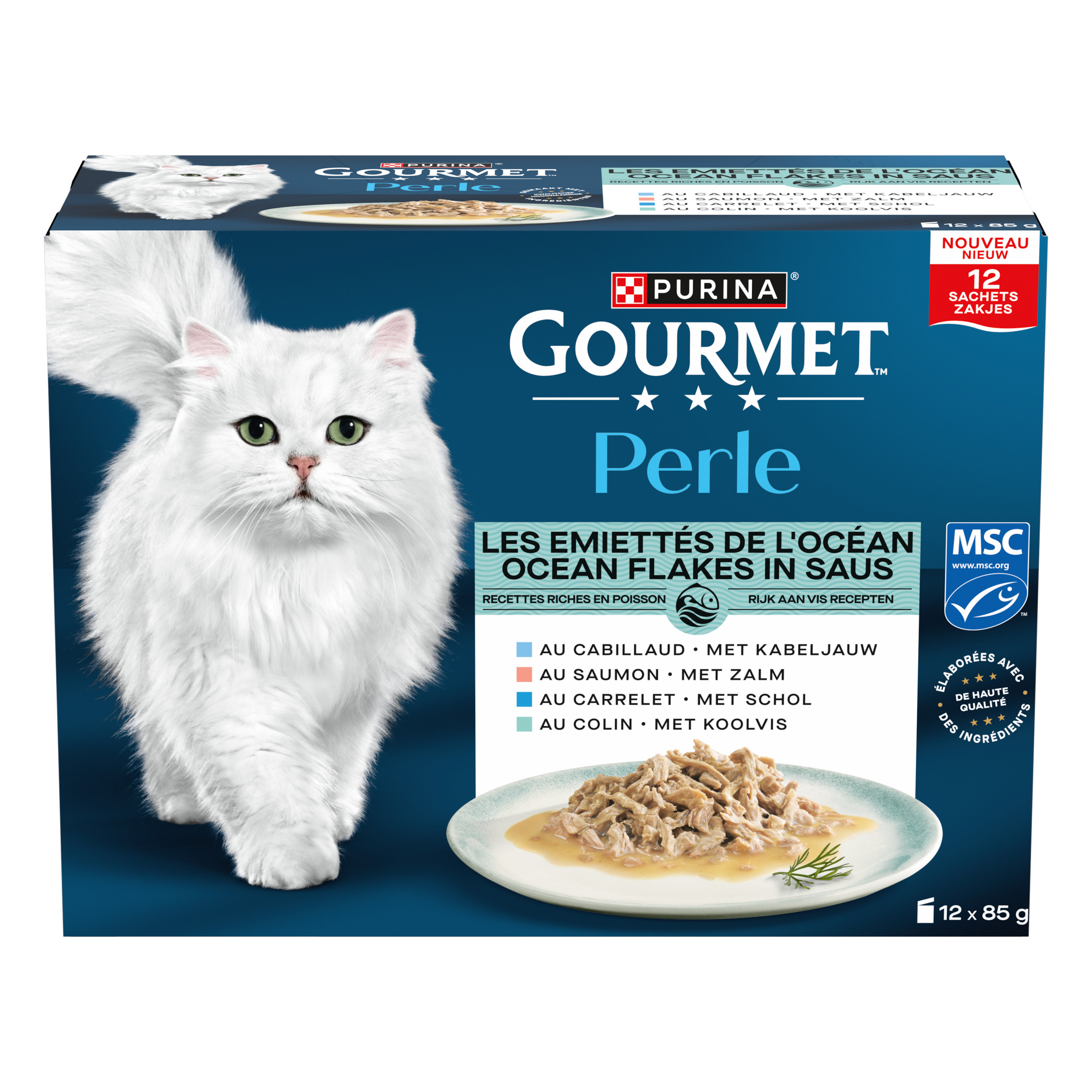 GOURMET PERLE OCEAN FLAKES IN SAUS KABELJAU/LACHS/SCHOL/KOOLVIS 12X85 G