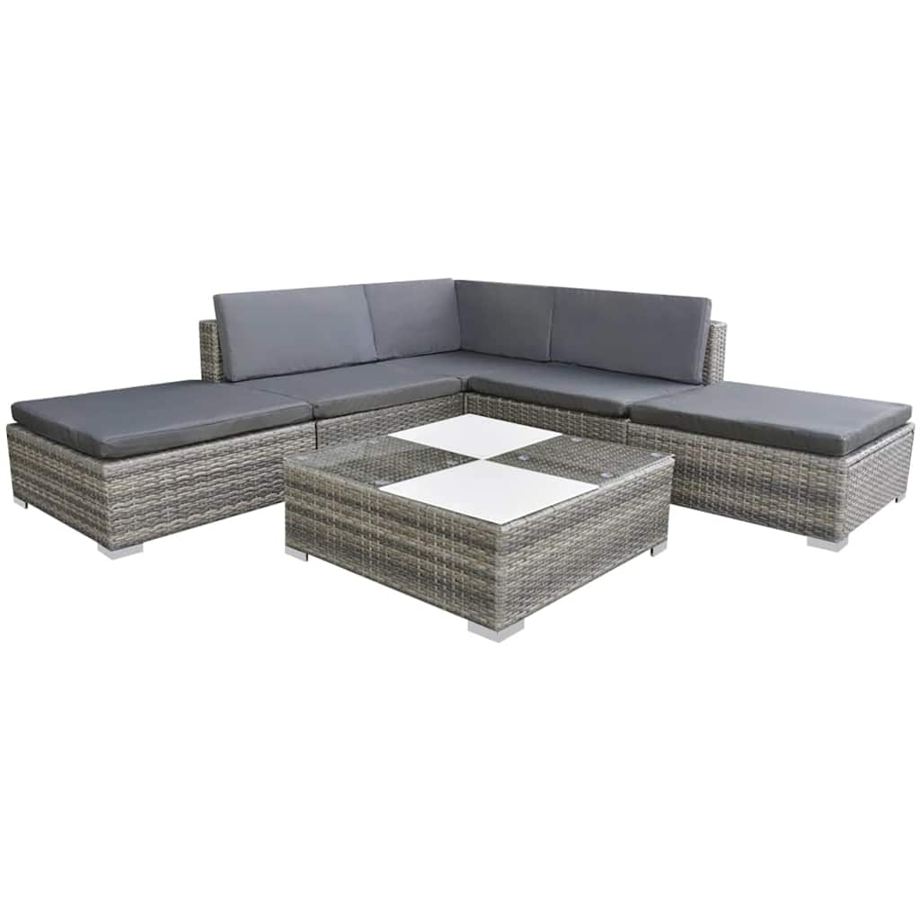 6-tlg. Garten-Lounge-Set mit Kissen Poly Rattan Grau