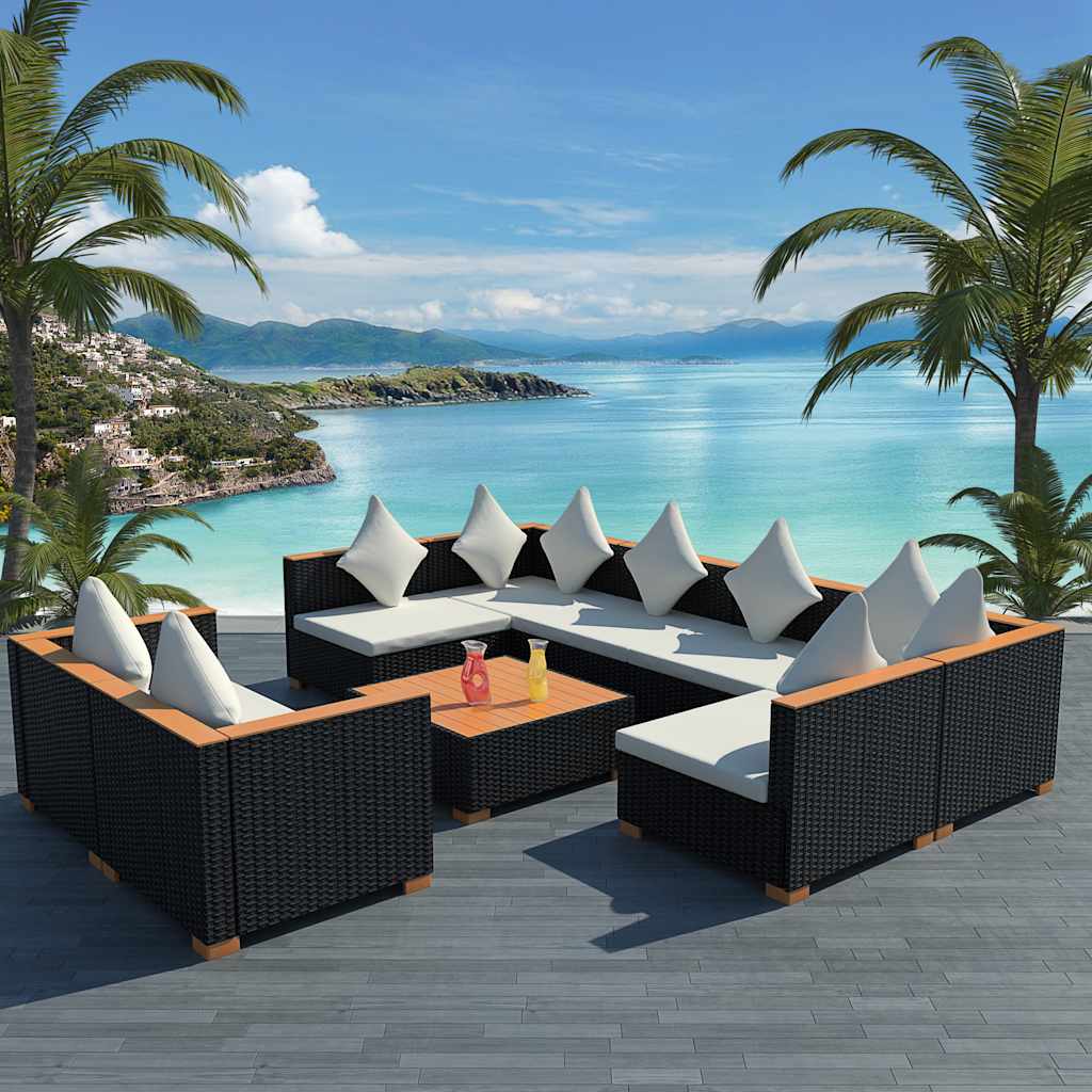 9-tlg. Garten-Lounge-Set mit Auflagen Poly Rattan Schwarz
