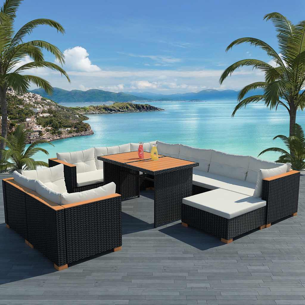 10-tlg. Garten-Lounge-Set mit Auflagen Poly Rattan Schwarz