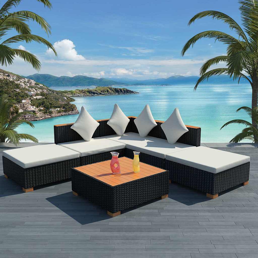 6-tlg. Garten-Lounge-Set mit Auflagen Poly Rattan Schwarz