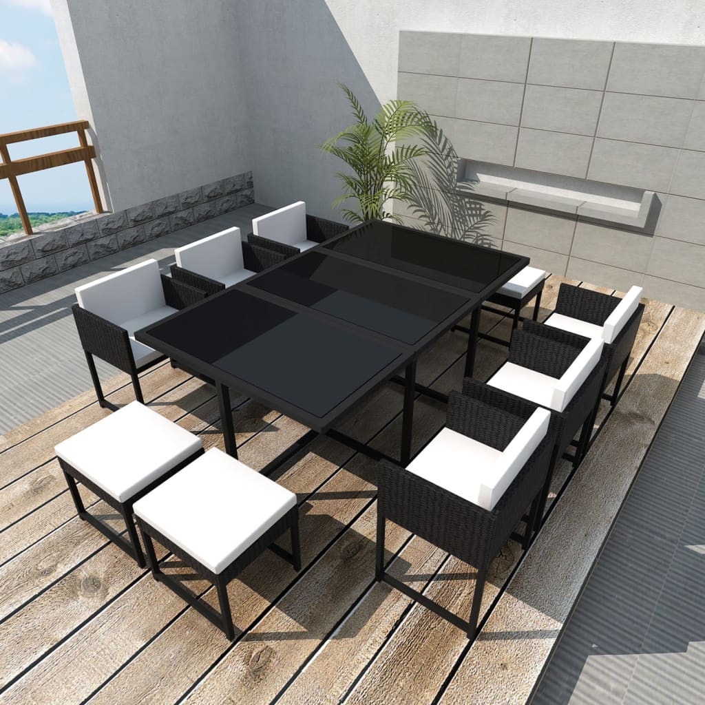 11-tlg. Garten-Essgruppe mit Auflagen Poly Rattan Schwarz