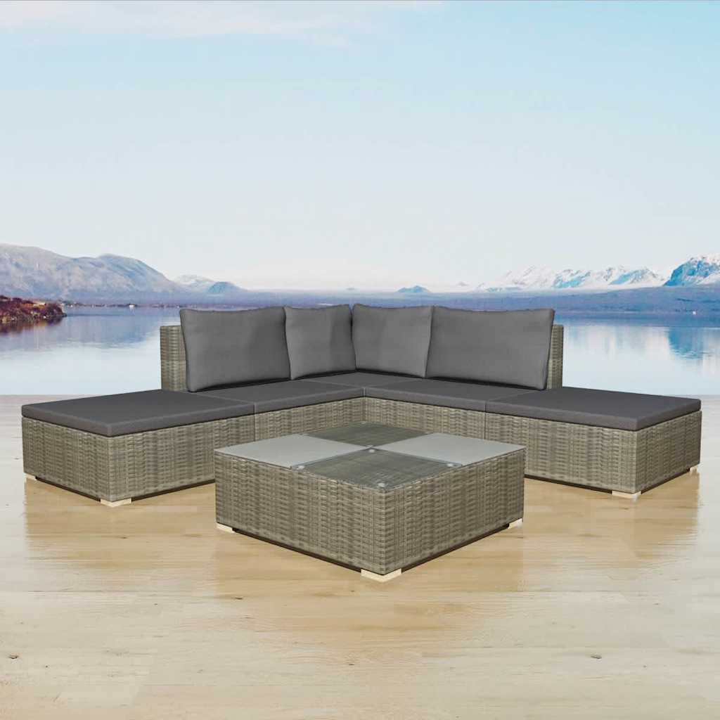 6-tlg. Garten-Lounge-Set mit Kissen Poly Rattan Grau