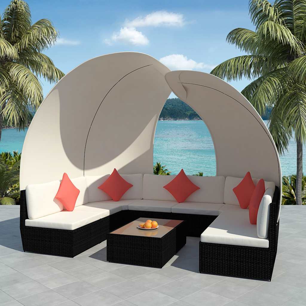 9-tlg. Garten-Lounge-Set mit Sonnendächern Poly Rattan Schwarz
