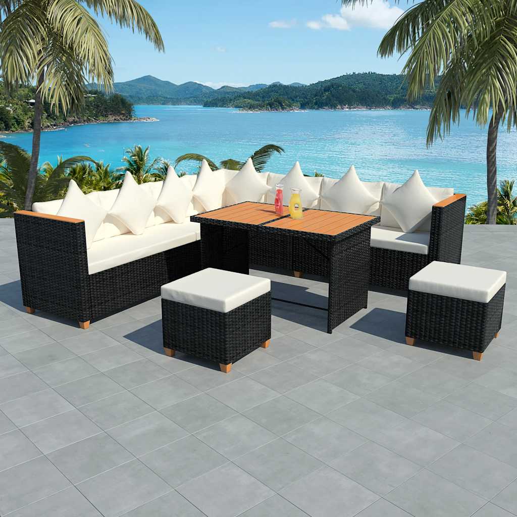 7-tlg. Garten-Lounge-Set mit Auflagen Poly Rattan Schwarz