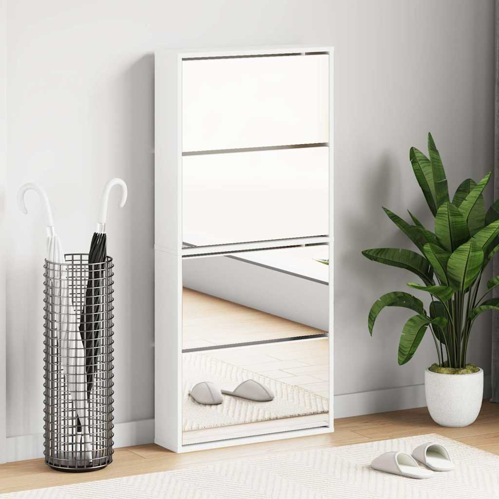 Schuhschrank mit 4 Fächern Spiegel Weiß 63×17×134 cm