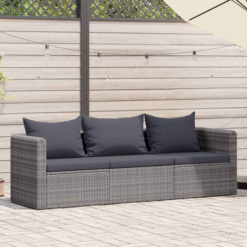 3-tlg. Garten-Sofagarnitur mit Kissen Grau Poly Rattan
