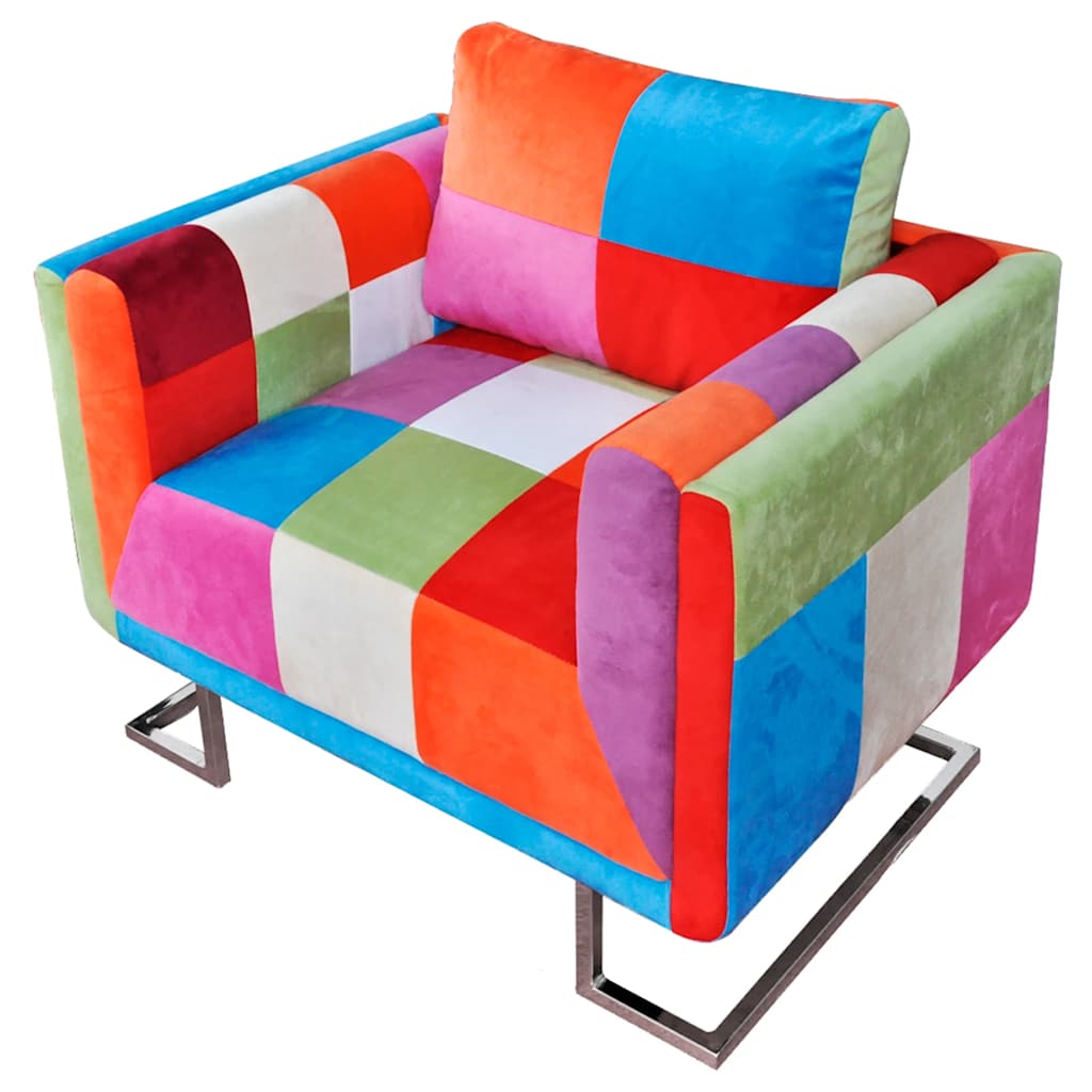 Würfel-Sessel mit Verchromten Beinen Patchwork-Design Stoff