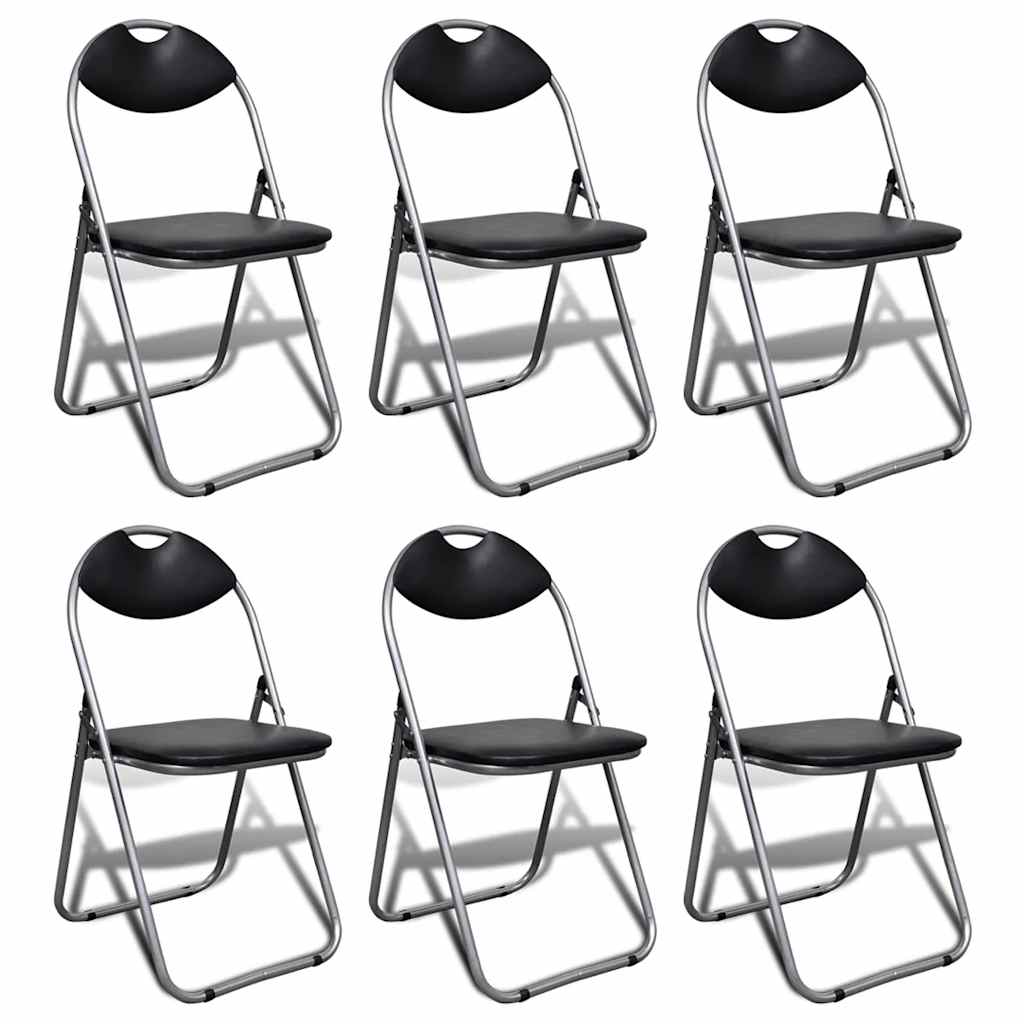Klappstühle, 6 Stück, schwarzes Kunstleder und Stahl