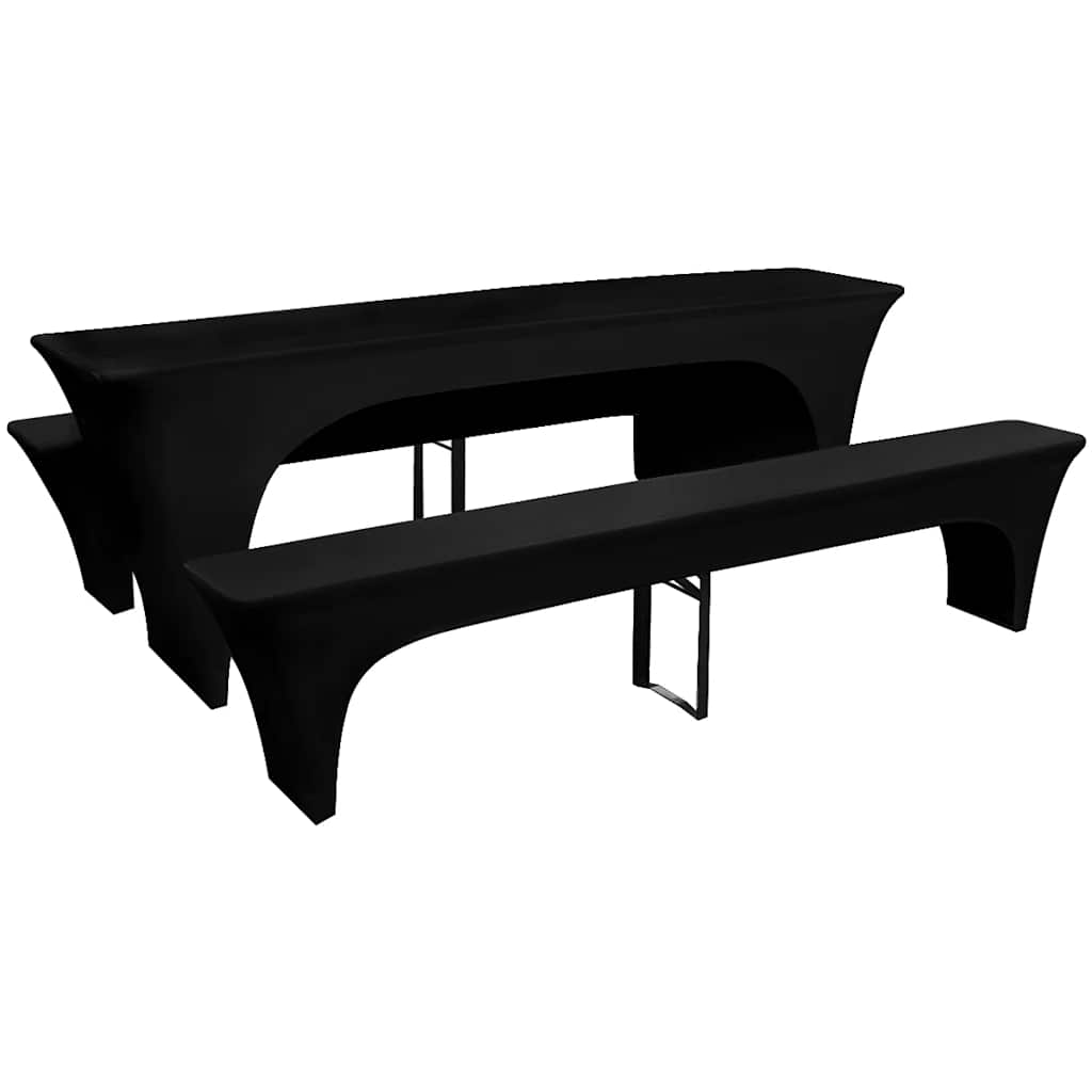 3 Schonbezüge für Biertisch und Bänke Stretch Schwarz 220 x 70 x 80 cm