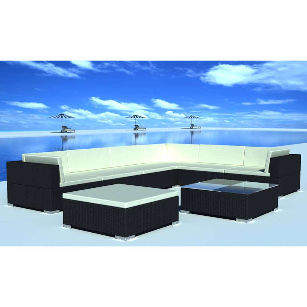 8-tlg. Garten-Lounge-Set mit Auflagen Poly Rattan Schwarz