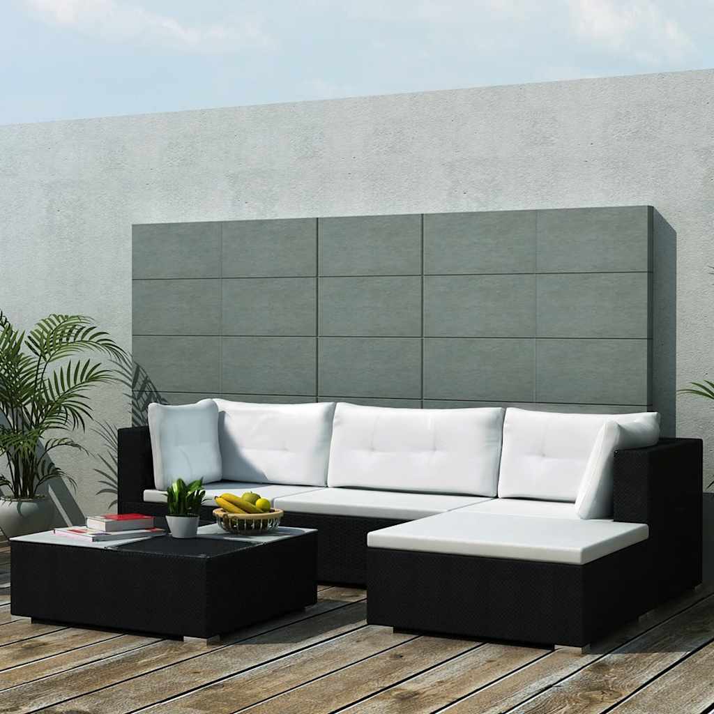 5-tlg. Garten-Lounge-Set mit Kissen Poly Rattan Schwarz