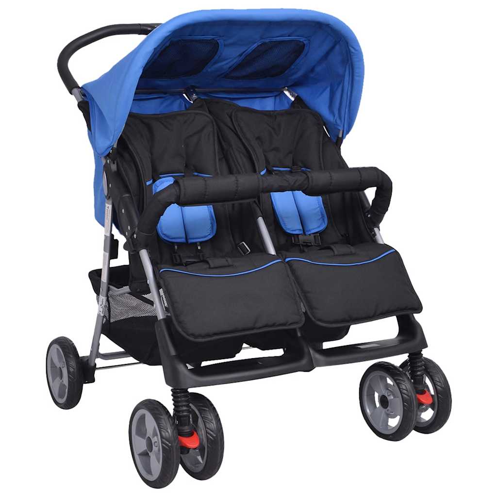 Zwillingskinderwagen Stahl Blau und Schwarz