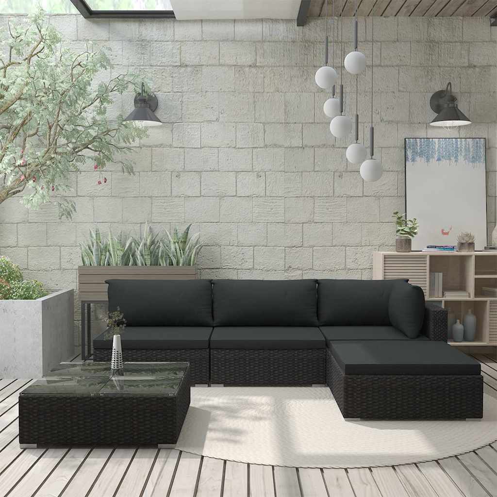 5-tlg. Garten-Lounge-Set mit Auflagen Poly Rattan Schwarz
