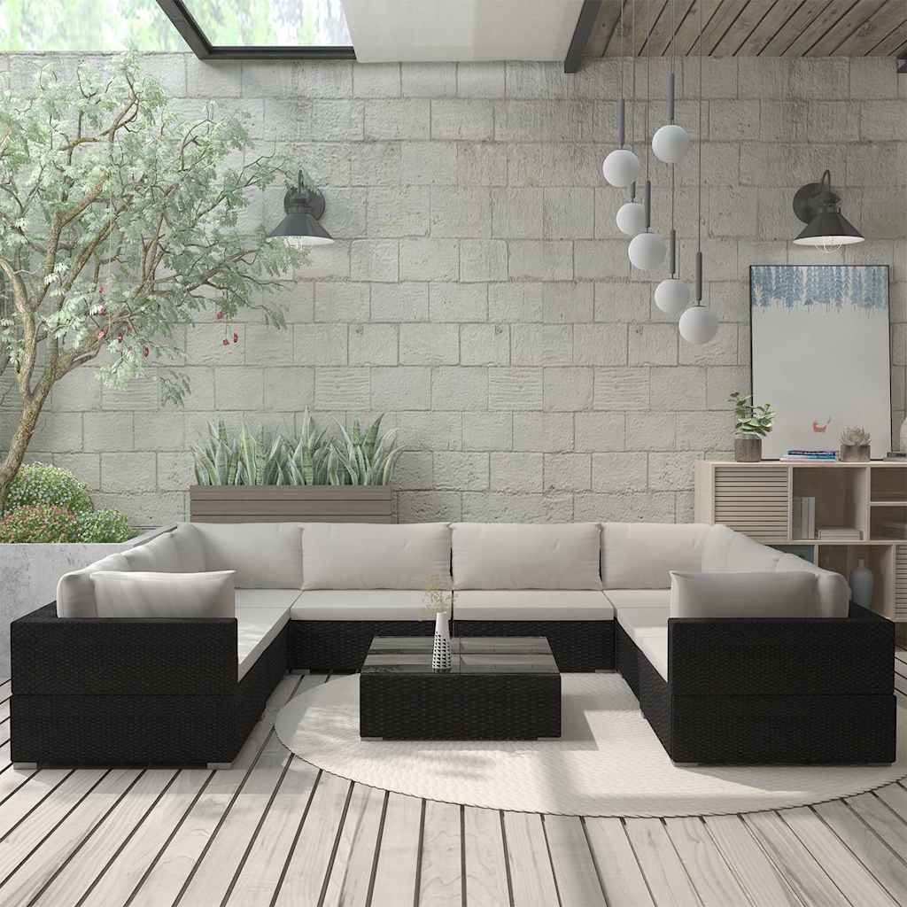9-tlg. Garten-Lounge-Set mit Auflagen Poly Rattan Schwarz
