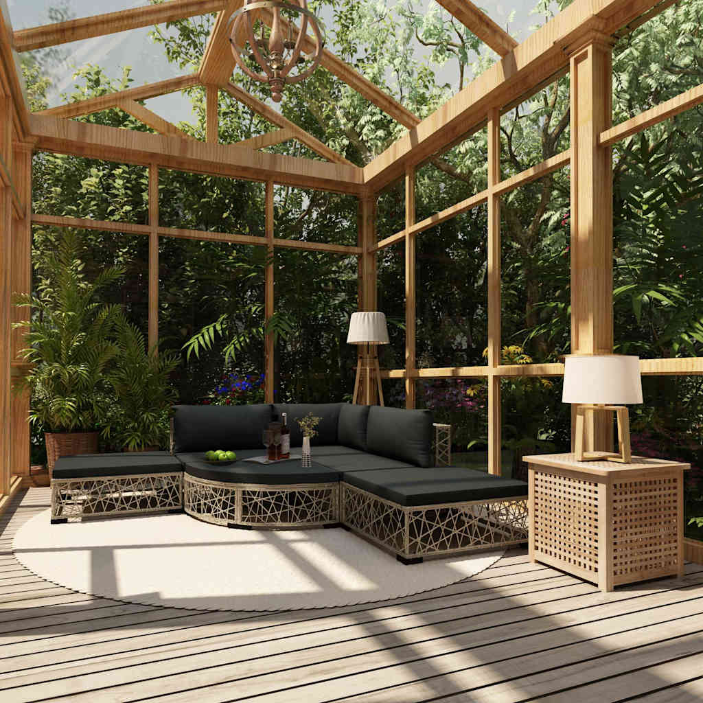 6-tlg. Garten-Lounge-Set mit Kissen Poly Rattan Grau