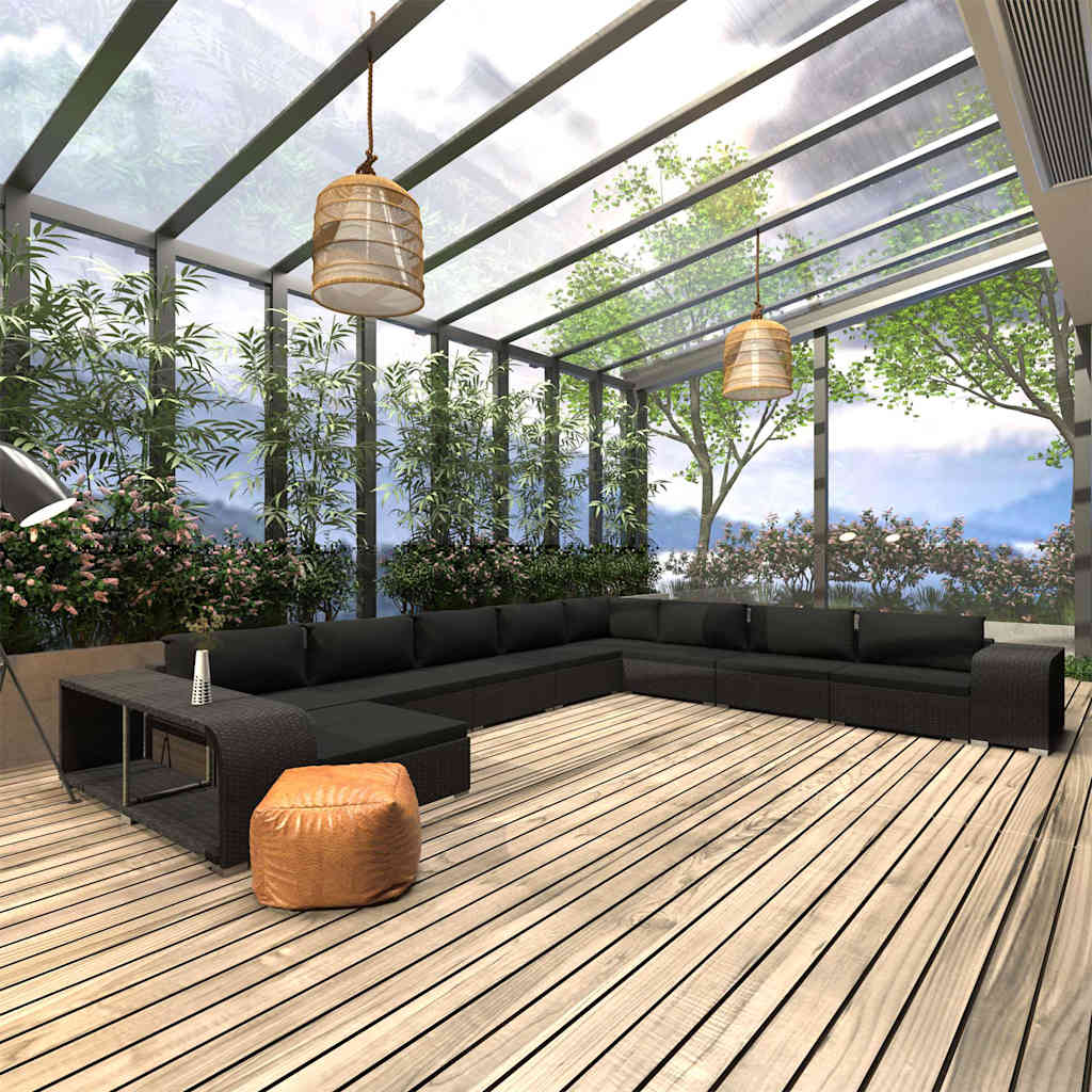 11-tlg. Garten-Lounge-Set mit Auflagen Poly Rattan Schwarz