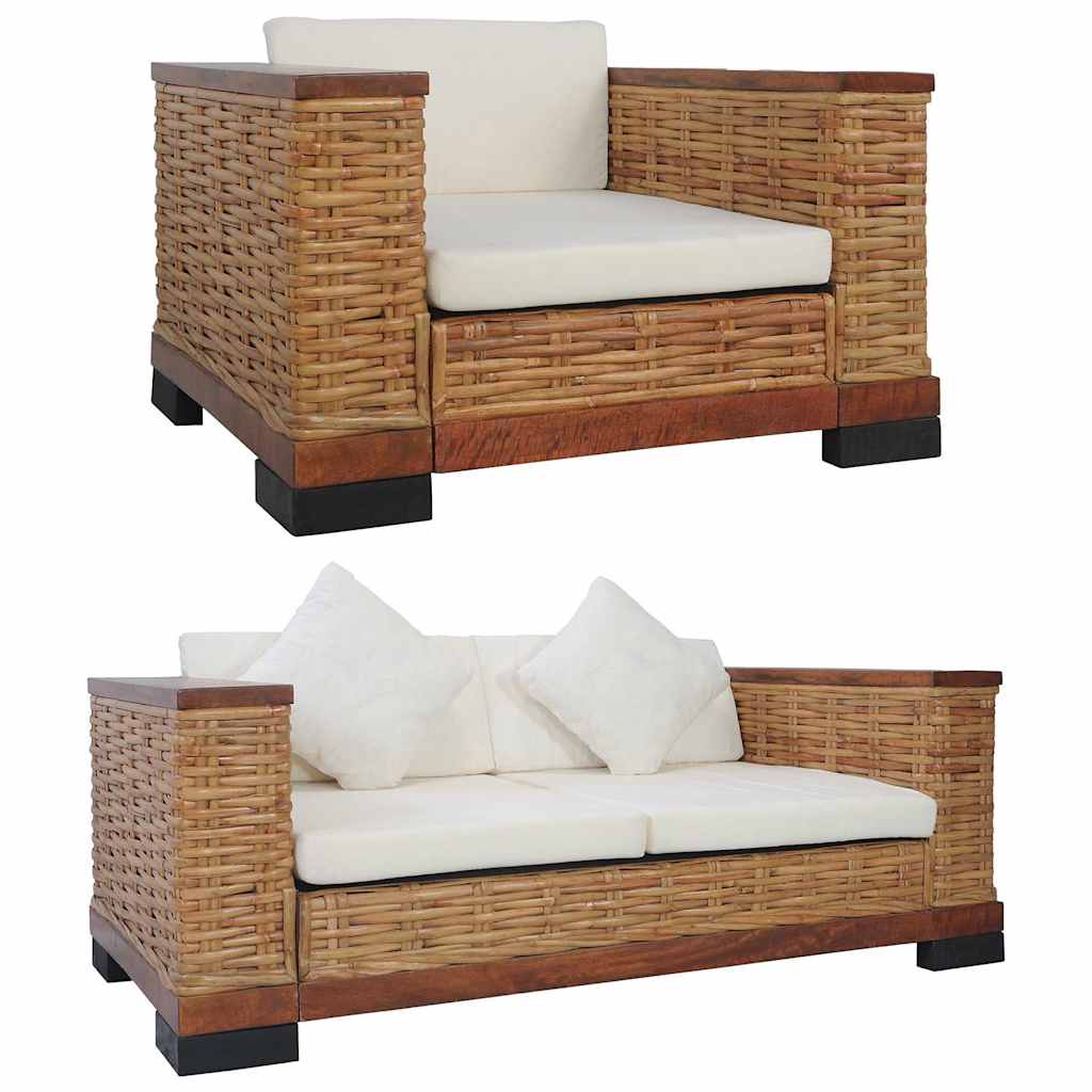2-tlg. Sofagarnitur mit Auflagen Braun Natur Rattan