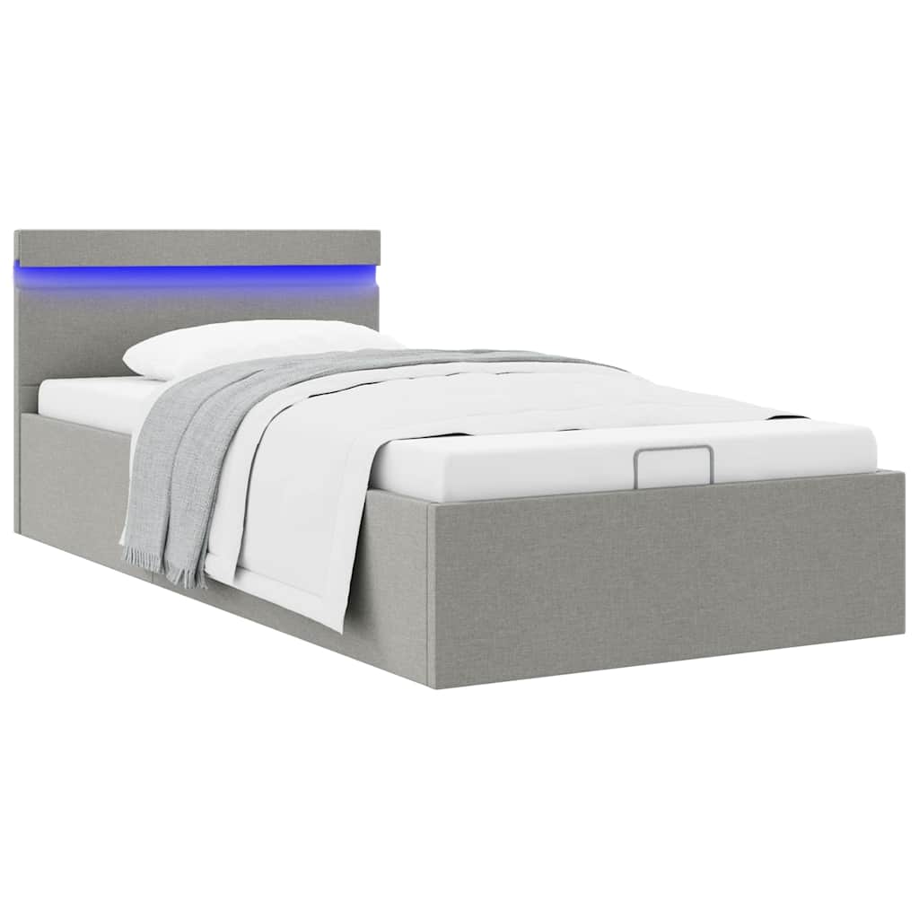 Bett mit Bettkasten Hydraulisch LED Hellgrau Stoff 90x200 cm