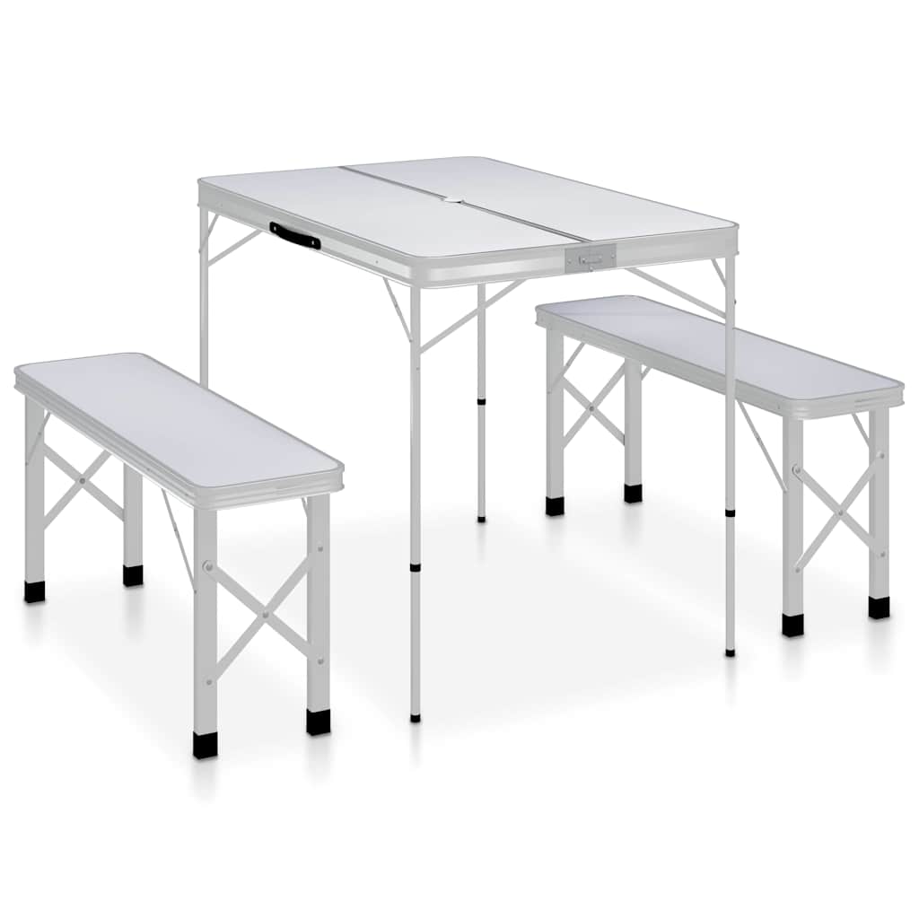 Klappbarer Campingtisch mit 2 Sitzbänken Aluminium Weiß