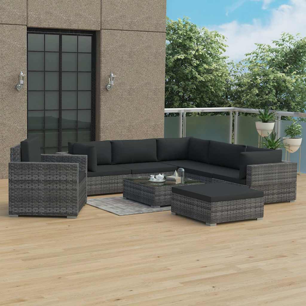 8-tlg. Garten-Lounge-Set mit Kissen Poly Rattan Grau