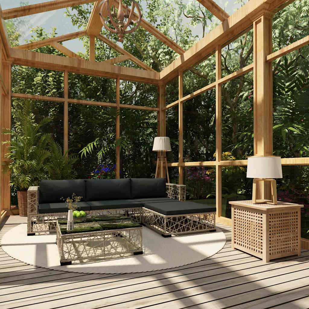5-tlg. Garten-Lounge-Set mit Kissen Poly Rattan Grau