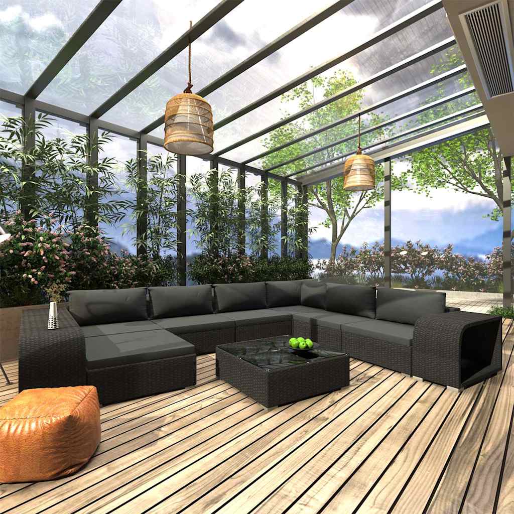 10-tlg. Garten-Lounge-Set mit Auflagen Poly Rattan Schwarz