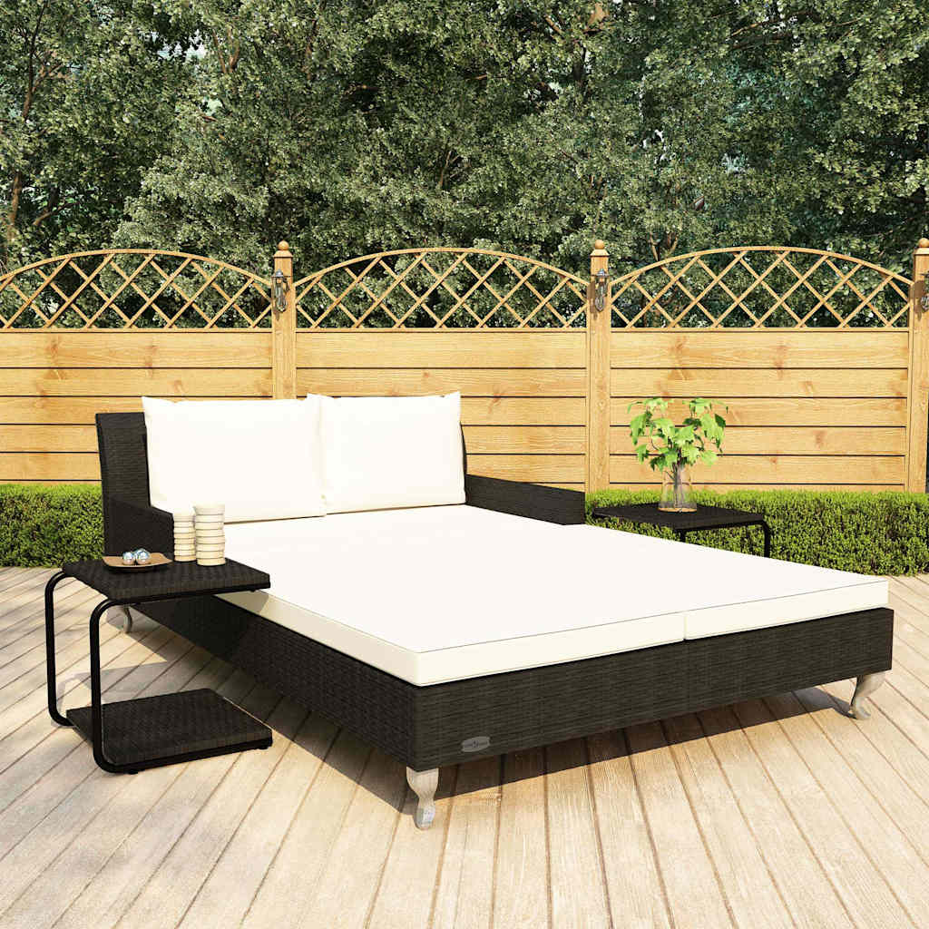 2-Personen-Sonnenliege mit Auflagen Poly Rattan Schwarz