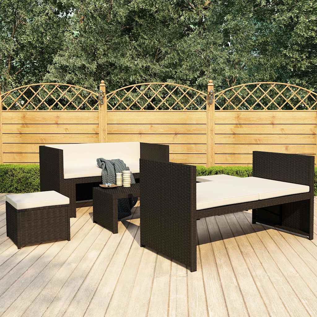 5-tlg. Garten-Lounge-Set mit Auflagen Poly Rattan Schwarz
