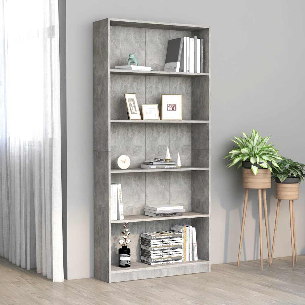Bücherregal 5 Fächer Betongrau 80x24x175 cm Holzwerkstoff