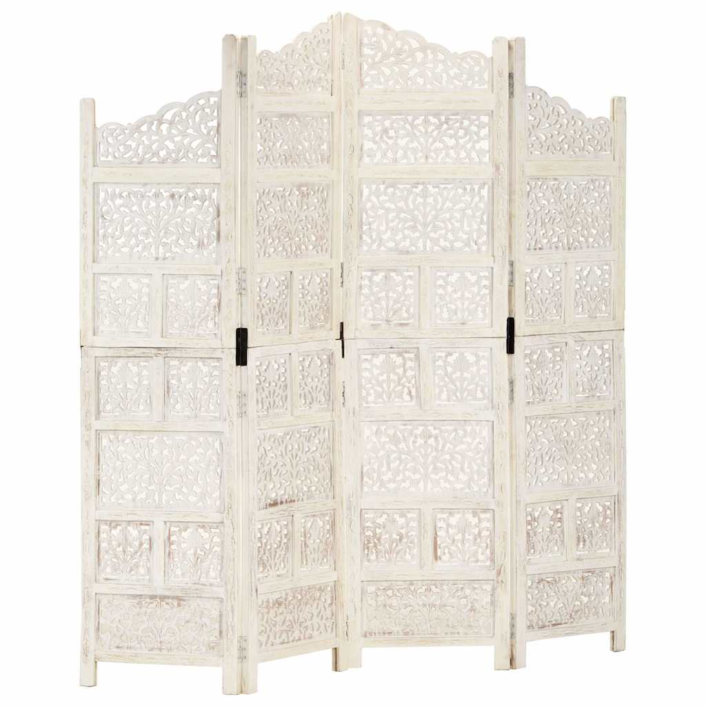 4tlg. Raumteiler Handgeschnitzt Weiß 160×165cm Mango Massivholz