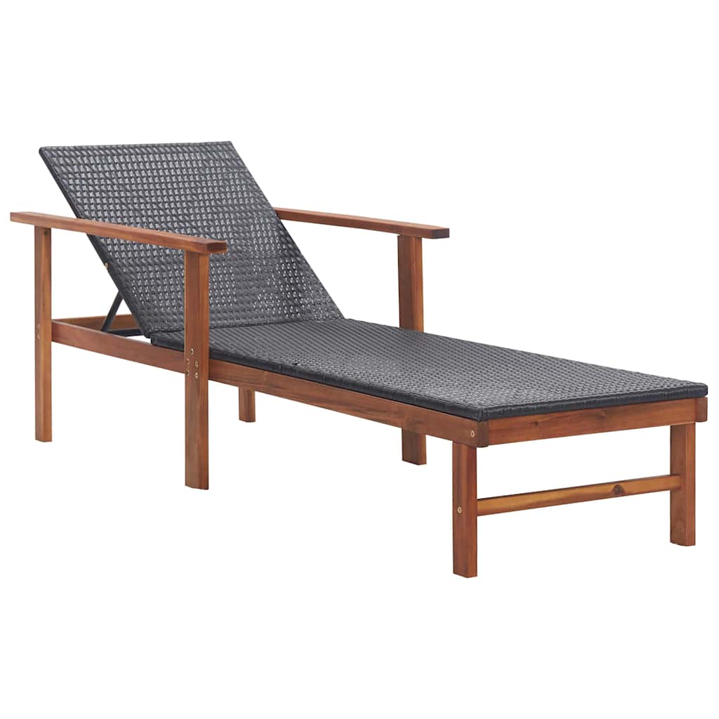 Sonnenliege Poly Rattan und Massivholz Akazie Schwarz