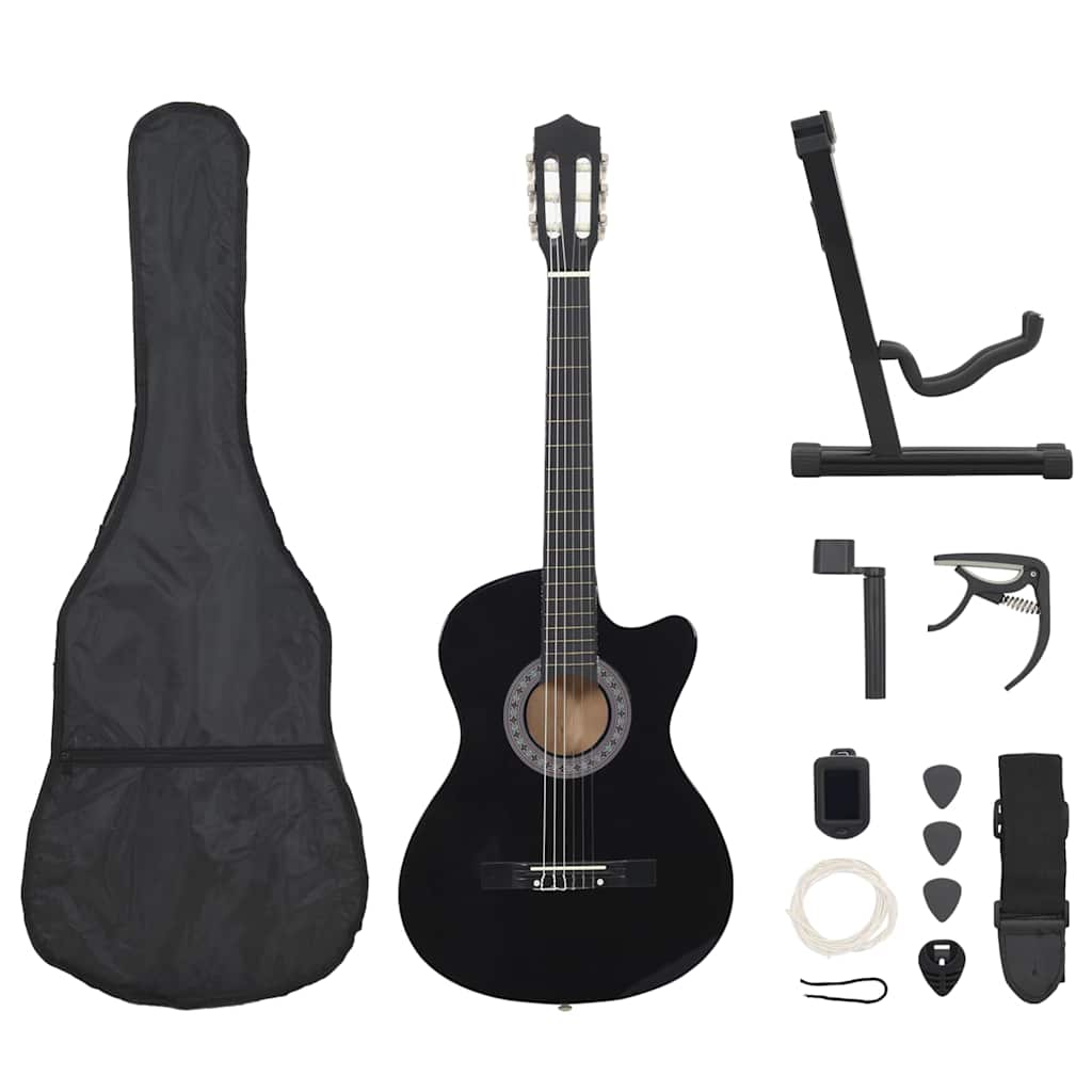12-tlg Westerngitarre Set mit 6 Saiten Schwarz 38"