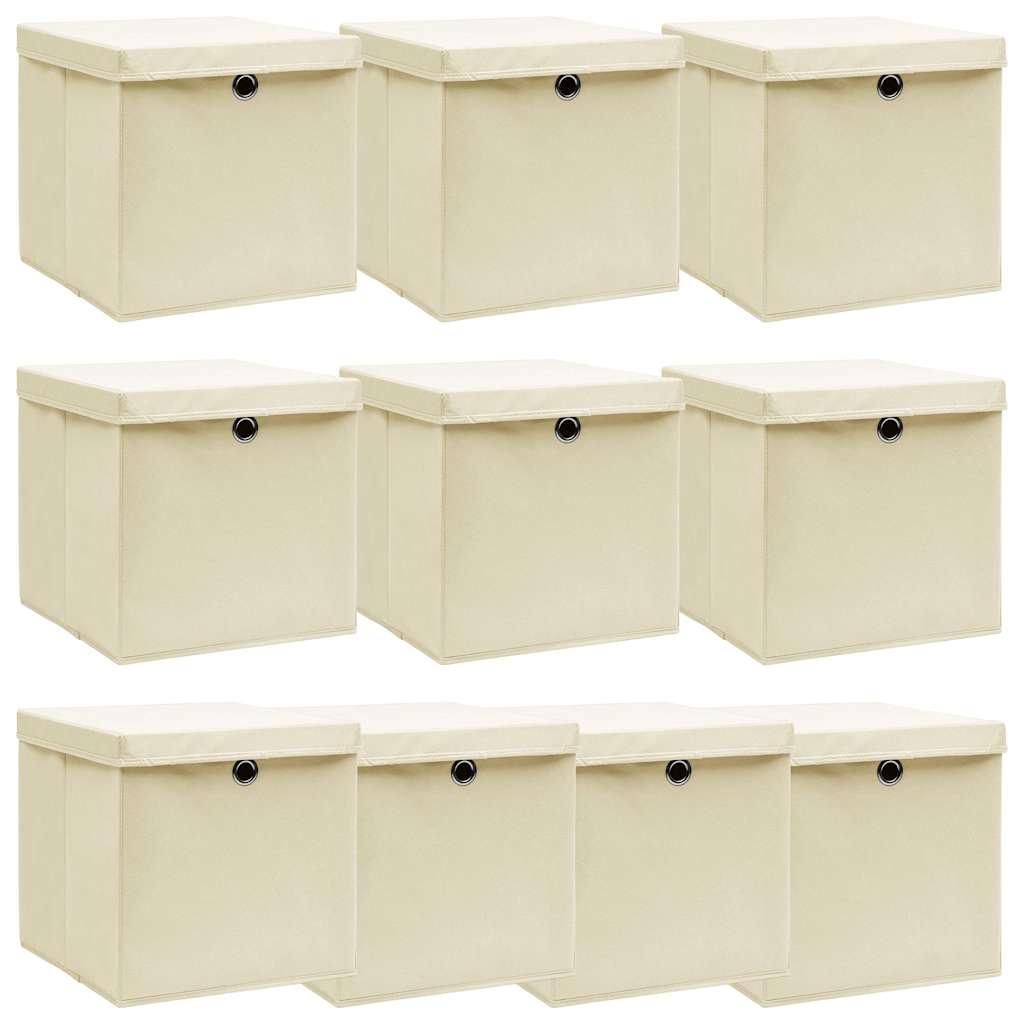 Aufbewahrungsboxen mit Deckel 10 Stk. Creme 32x32x32 cm Stoff