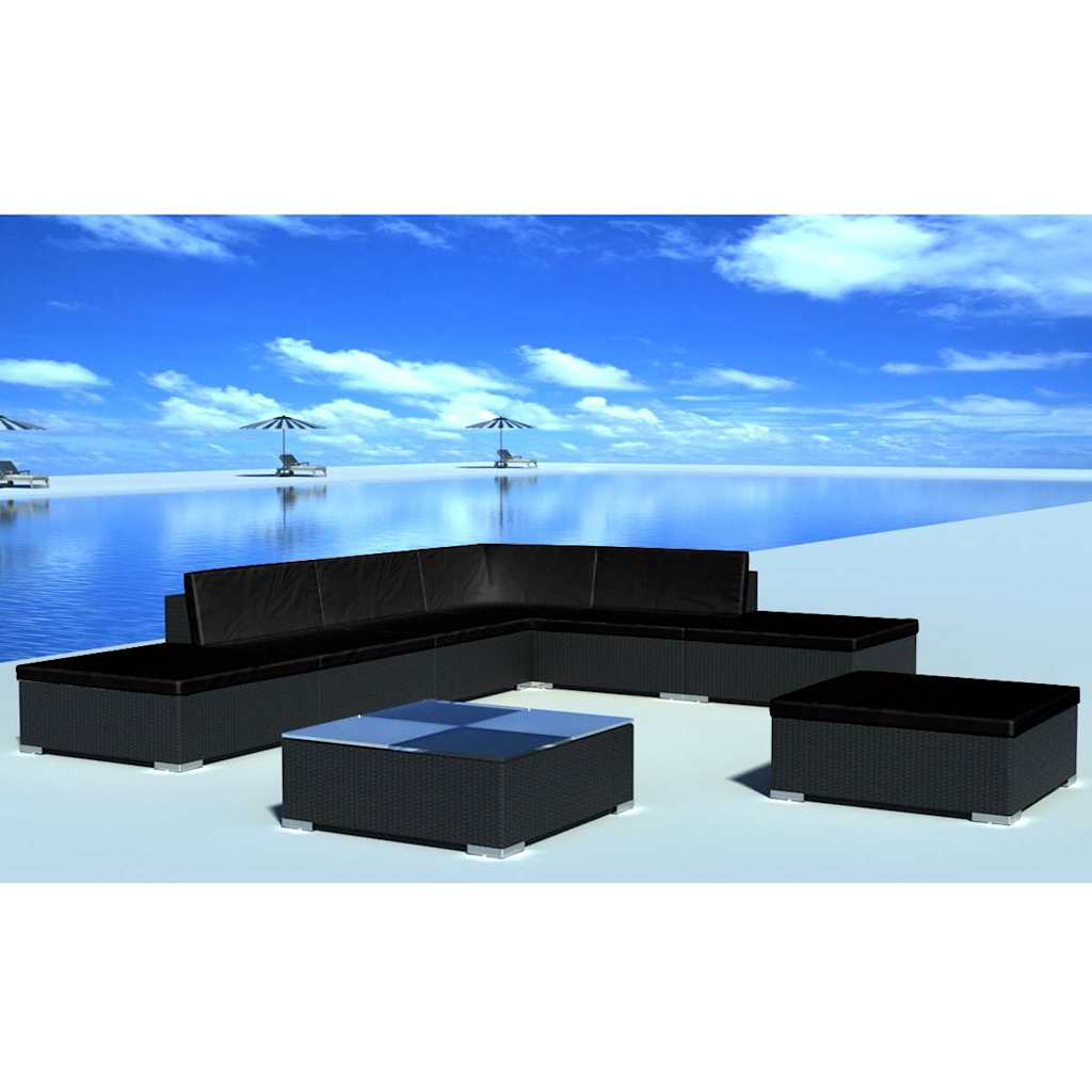 8-tlg. Garten-Lounge-Set mit Kissen Poly Rattan Schwarz