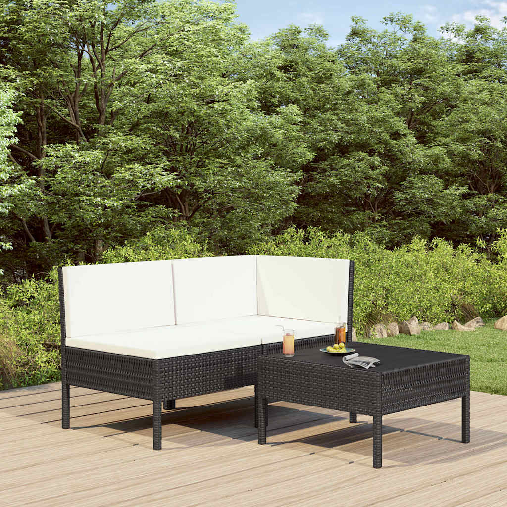 3-tlg. Garten-Lounge-Set mit Auflagen Poly Rattan Schwarz