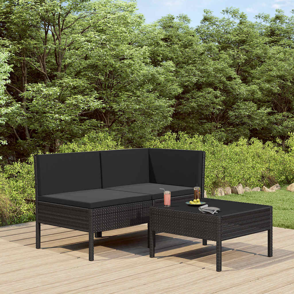 3-tlg. Garten-Lounge-Set mit Auflagen Poly Rattan Schwarz