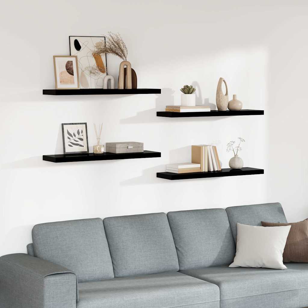Wandregale Schwebend 4 Stk. Hochglanz-Schwarz 90x23,5x3,8cm MDF