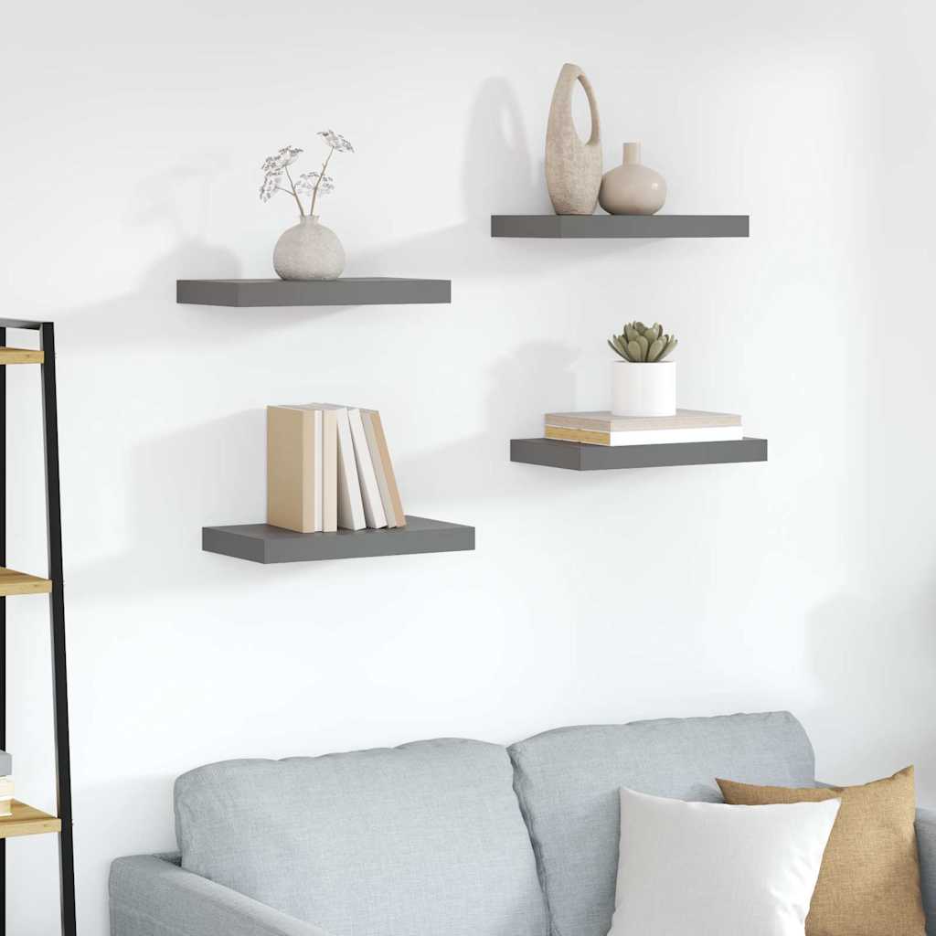 Schweberegale 4 Stk. Hochglanz-Grau 40x23,5x3,8 cm MDF